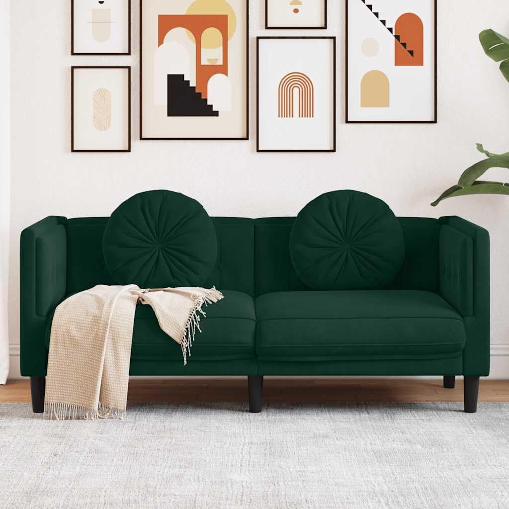 Velvet Loveseat 2-Seater Sofa Dark Green | Thickly Padded Seat, Armrests, Backrest, Round Pillows, Sturdy Legs