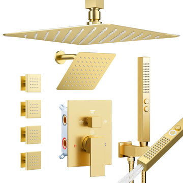 Brushed Gold Shower System with Body Jets, 4 Way Shower Faucet Set with 2 in1 Handheld,Ceiling Mount 12 Inch Shower