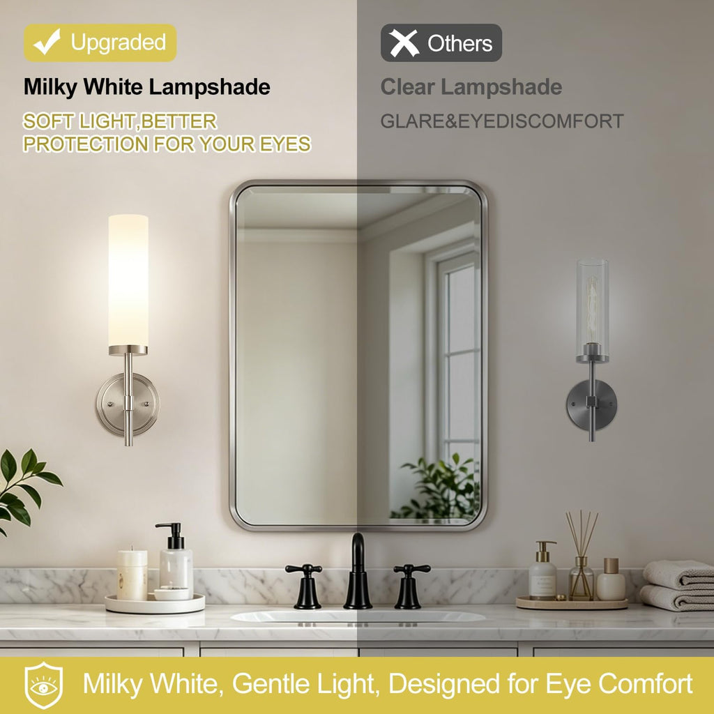 [Hardwired] Wall Sconces Set of Two, Brushed Nickel Bathroom Sconces with Milky White Glass, Modern Wall Light