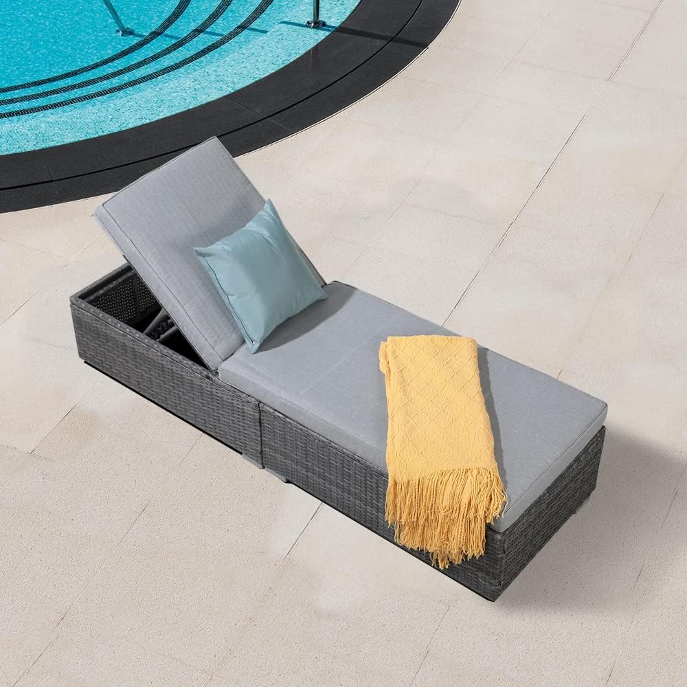 Outdoor Patio Chaise Lounge Chair, Grey Wicker, Light Grey | Reclining Adjustable PE Rattan Lounge Chair Sun Lounger