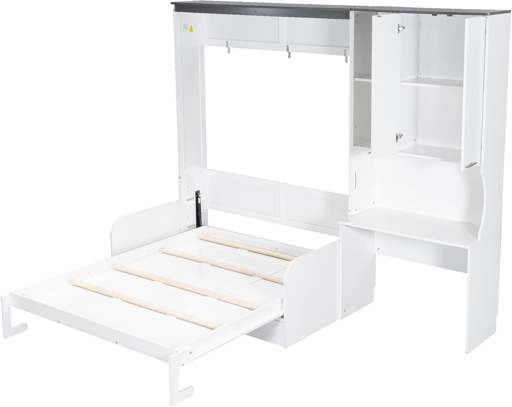 Queen Murphy Bed with Sofa, Desk and Storage Cabinet, Solid Wood Wall Bed Frame, Space-Saving Foldable Design, White