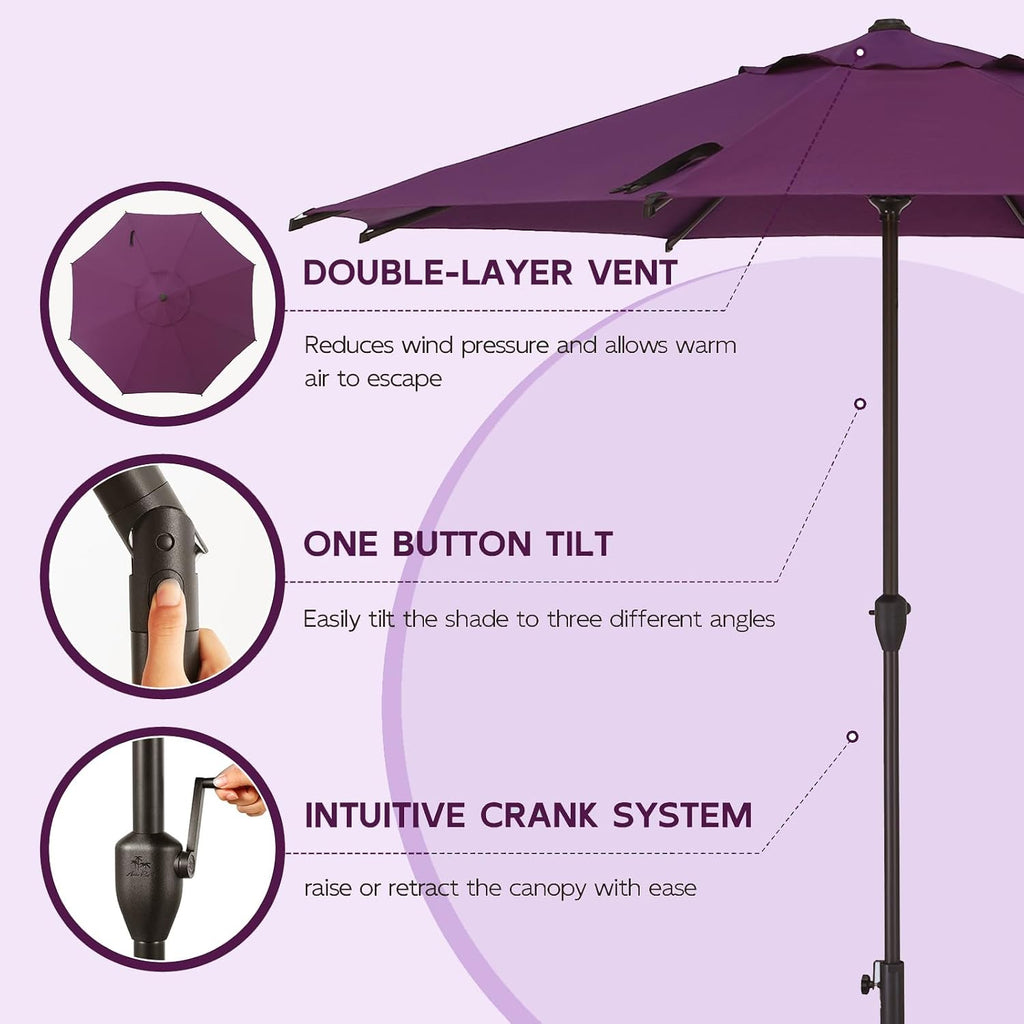 9FT Lyon Outdoor Patio Umbrella Outdoor Table Umbrella with Crank Market Umbrella 8 Sturdy Ribs UV Protection - Purple