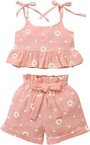 Toddler Baby Girl Summer Clothes Daisy Floral Print Halter Ruffle Tank Tops Shorts Outfits set