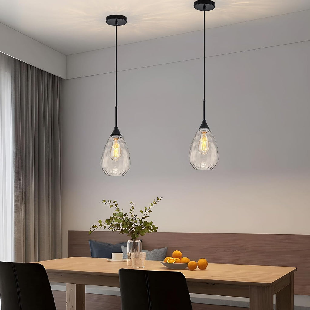 6.3" Glass Pendant Lights Kitchen Island,Modern Black Pendant Lights with Clear Water Ripple Glass Shade,1-Light