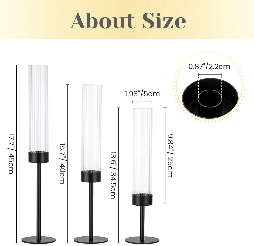 Black Taper Candle Holders: Candlestick Holders Set of 3 Hurricane Glass Tall Candle Holder for Candlesticks Candle