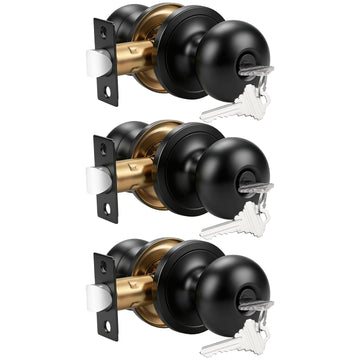 3 Pack Keyed Different Entry Door Knobs with Lock and Key, Matte Black Front Door Locks for Exterior or Interior