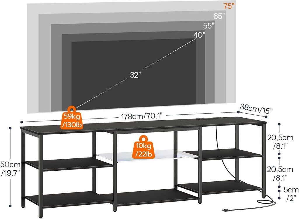 LED TV Stand for 75 Inch TVs with Charging Station, Gaming Entertainment Center with 3-Tier Open Storage, Long 70.1"