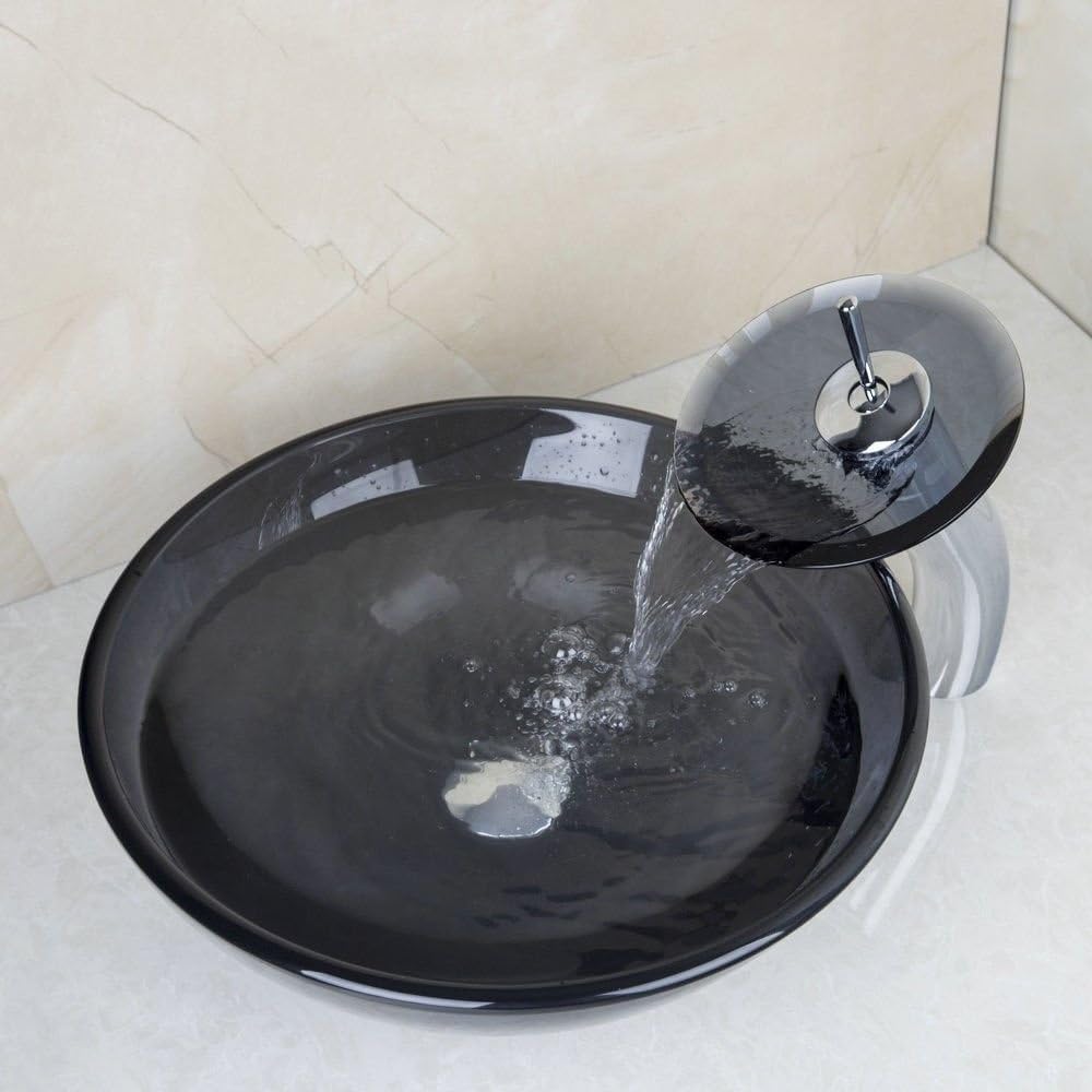 Vessel Sink Tempered Glass Round Bowl and Mixer Waterfall Faucet Drain Combo Set Grey Color