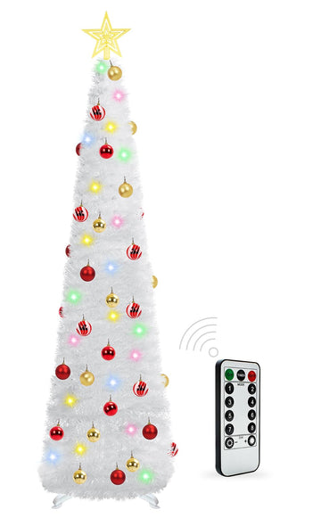 5 Ft Prelit Tinsel Pop Up with 8 Light Adjustment Modes 50 Remote Color Lights Battery Operated, Pencil Artificial