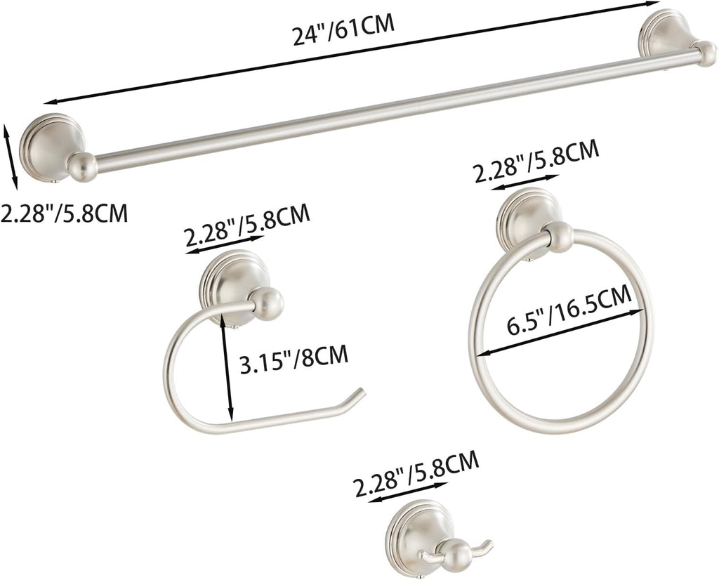 4-Piece Towel Bar Set, 24 Inch Towel Racks Wall Mounted in Brushed Nickel, SUS304 Stainless Steel Complete Bathroom