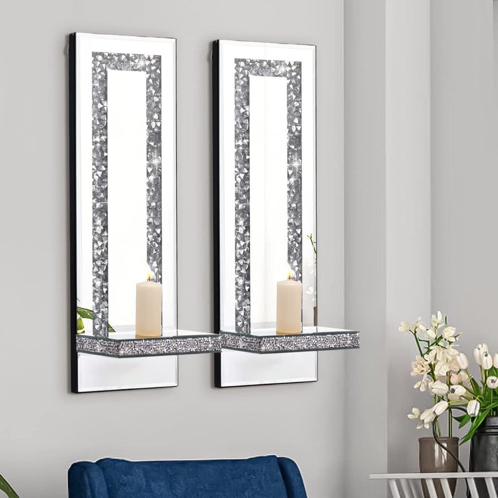 Crystal Crush Diamond Mirrored Candle Sconces, Silver Wall Candle Holder Set of 2, Wall Decorations (Rectangle Stripe