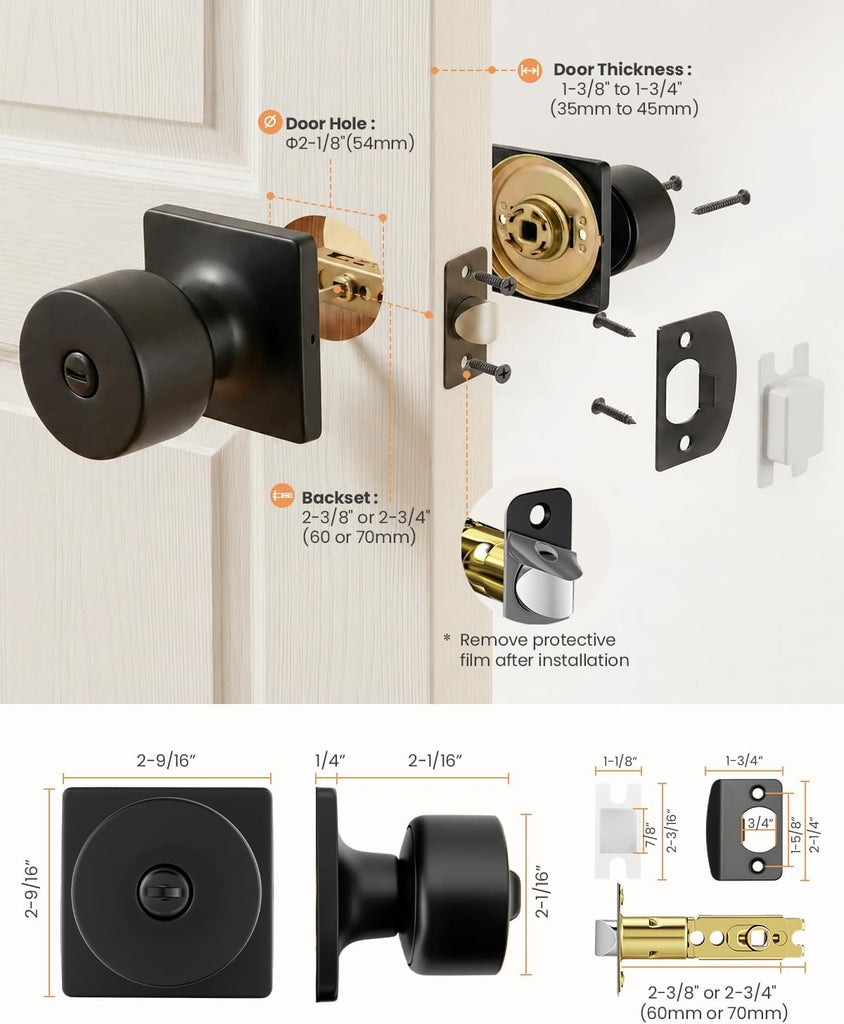 Matte Black Door Knobs Interior, Privacy Door Knob Bathroom, Black Door Knobs with Emergency Release