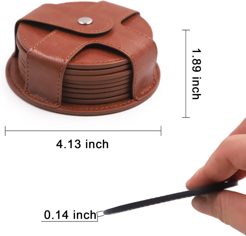 PU Leather Coaster with Holder, Durable and Non-Slip Coaster for Protection Tabletop, Wooden Table, Desk, Bar - Set of 8