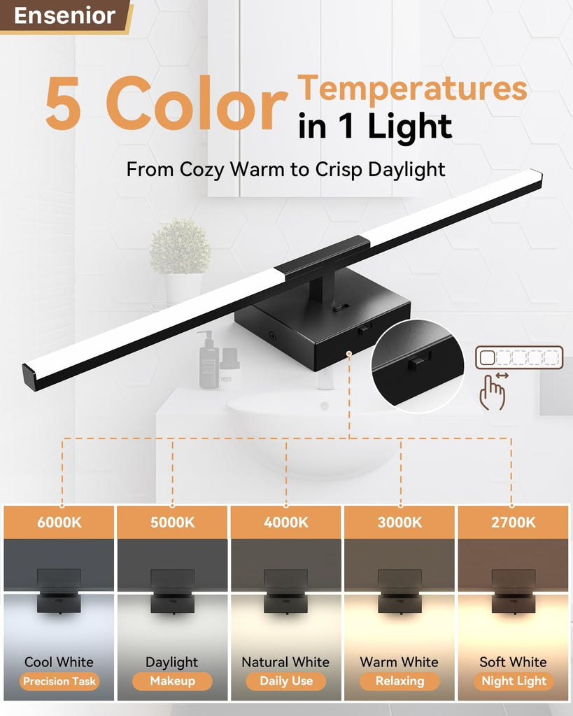 Modern Bathroom Vanity Light 24 inch, Built-in Dimmer, 14W Dimmable 5CCT Led Bath Lights, Black Bar Vanity Light