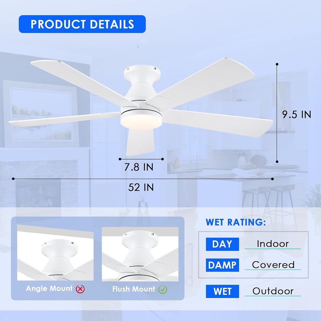 52in Ceiling Fans with Lights - White Flush Mount Ceiling Fan Light with Remote, 6 Wind Speeds and Reversible, Modern Low Profile Fan Light for Indoor/Covered Outdoor