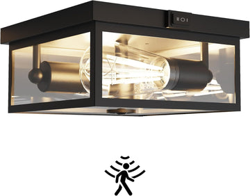 Outdoor Ceiling Light with Motion Sensor, Flush Mount Porch Light, Exterior Light Fixture with Clear Glass