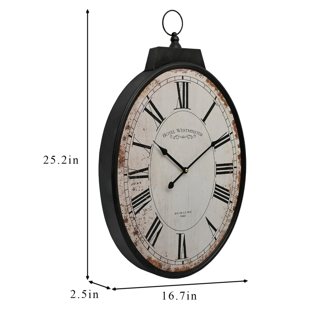 Large Oval Wall Clock 25 Inch, Antique Distressed White Decorative Clock with Metal Frame & Arabic Numerals, Vintage