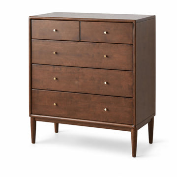 100% Solid Wood Nightstand with 5 Drawer, 5 Drawer Side Table, Wooden Storage Organizer, Tall Walnut Nightstand