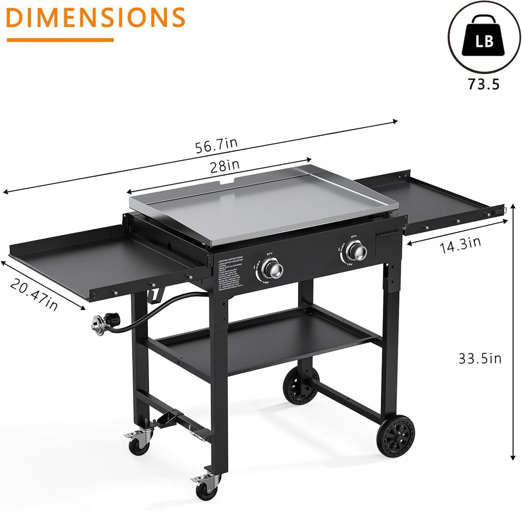 2-Burner Propane Gas Griddle, 28-Inch Flat Top Grill, 30,000 BTU Tabletop Foldable Griddle with Side Shelves