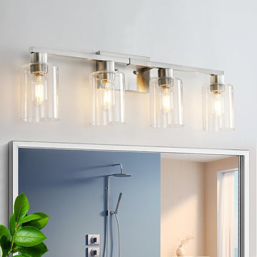 4 Light Bathroom Light Fixtures, Brushed Nickel Modern Bathroom Vanity Light with Clear Glass Shade, Bathroom