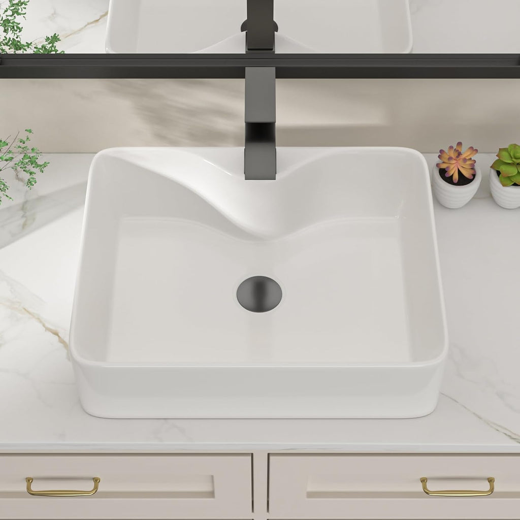 19 In. White Vessel Sink for Bathroom, Rectangular Above Counter Porcelain Ceramic Sink with Black Accessories