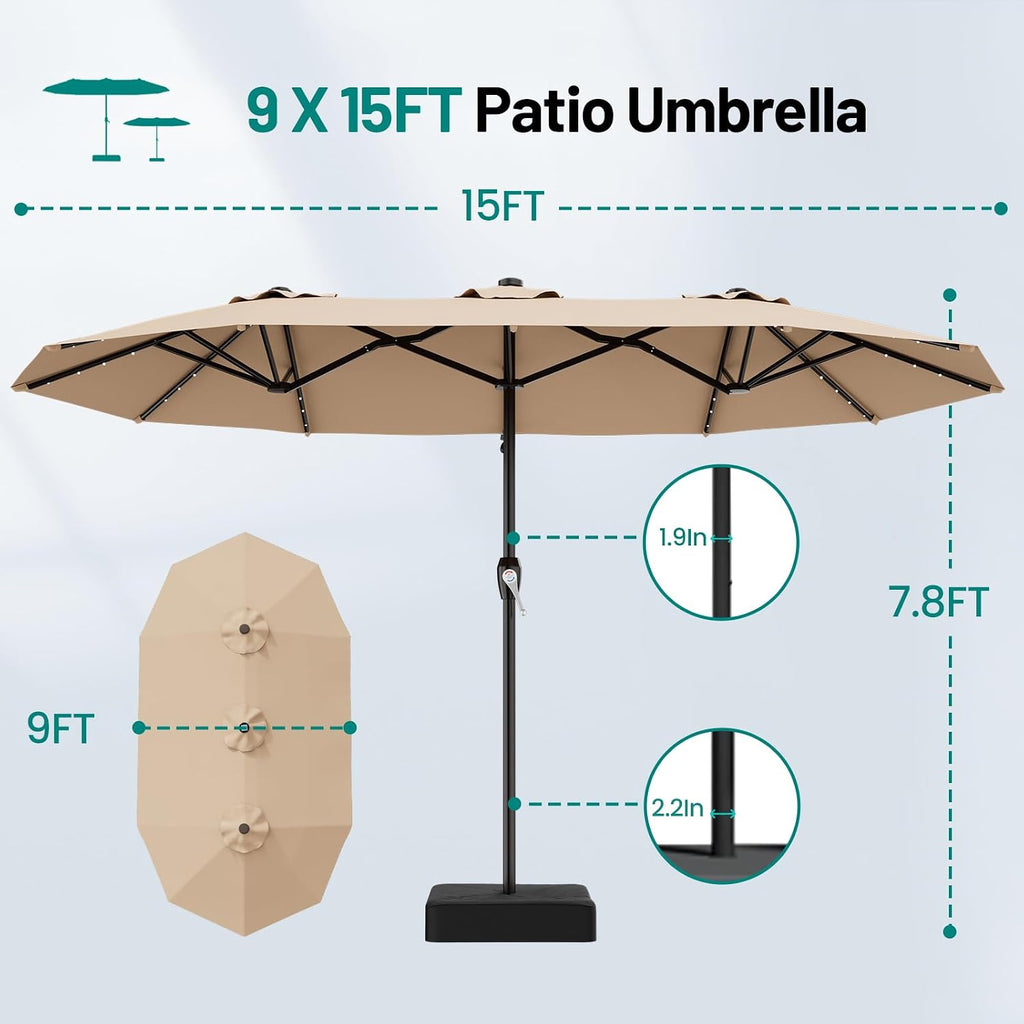 15FT Patio Umbrella with Solar Lights, Double Sided Outdoor Table Umbrellas with Crank