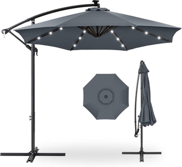 10ft Solar LED Offset Cantilever Hanging Market Patio Umbrella, 8 Sturdy Ribs, Easy Adjustment - Slate
