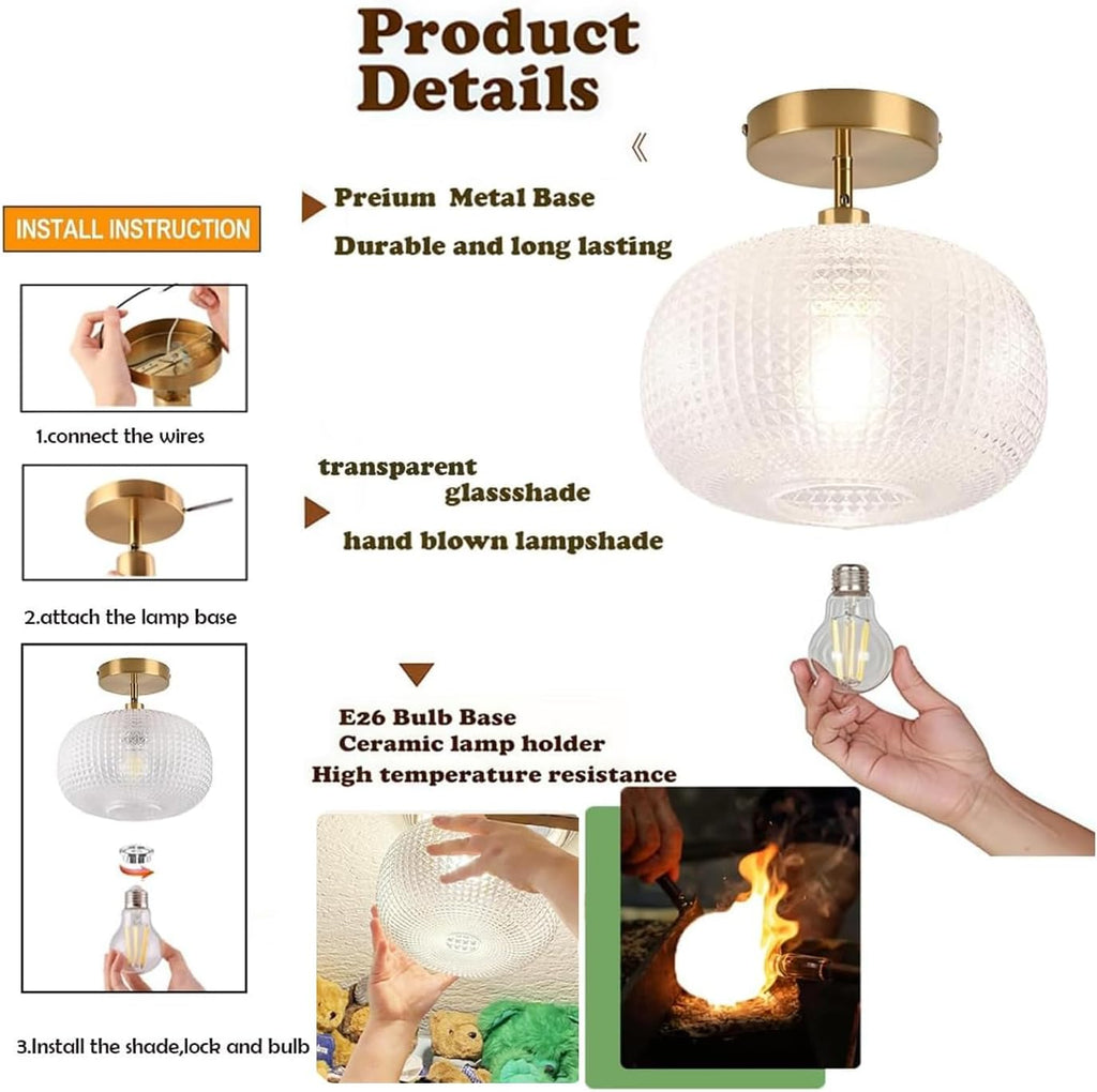 Gold Semi Flush Mount Ceiling Light Fixture,Hallway Light Fixtures,Vintage Ceiling Light Fixture,Globe Glass Ceiling