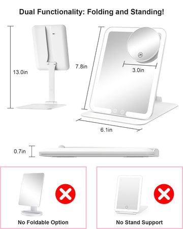 Travel Makeup Mirror with Lights and Magnification 10X, White