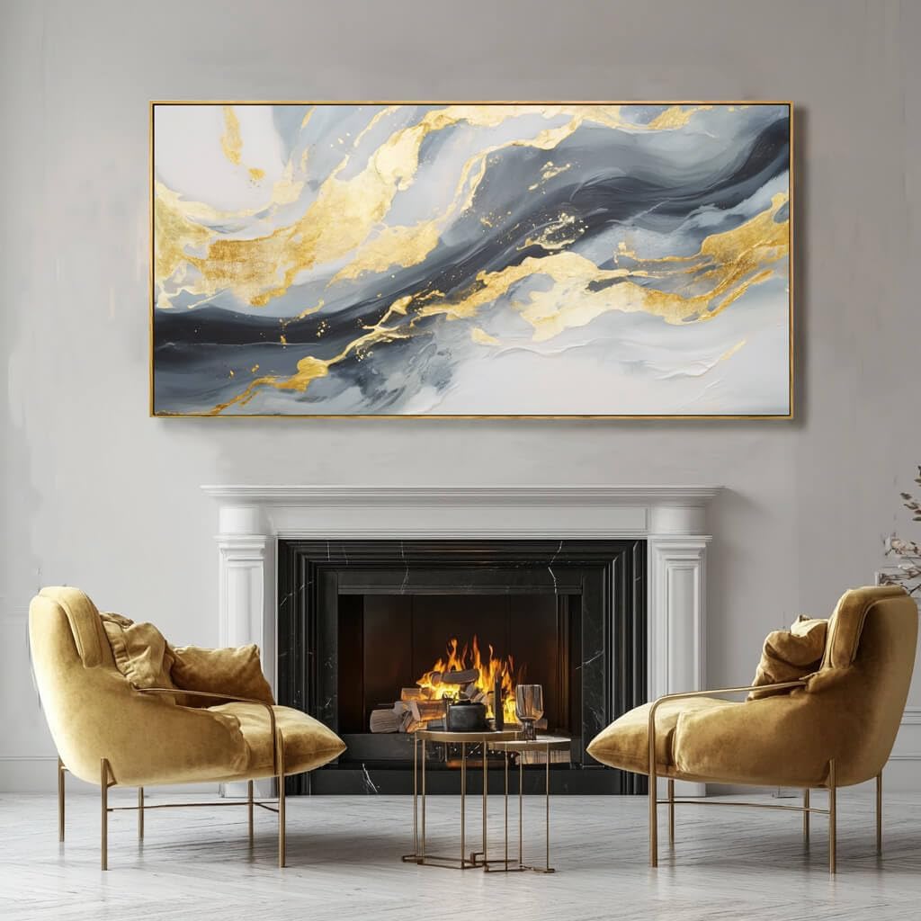Framed Canvas Pictures Gold Wall Art Abstract Wall Art Blue Decor Metal Arts Large Prints Picture 24"x48" Artwork