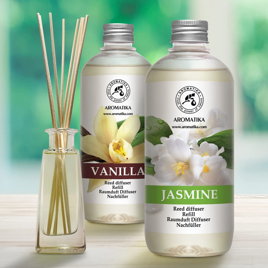 Reed Diffuser Refill Set Vanille & Jasmine with Jasmine Essential Oil 34 Fl Oz - 2 x 500ml - Fragrance Oil Reed