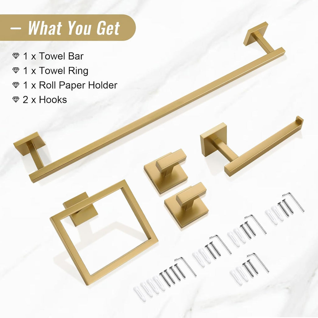 Towel Bar Set, 5-Piece Brushed Gold Bathroom Hardware Set, Gold Bathroom Accessories Set, SUS304 Stainless Steel 23.6