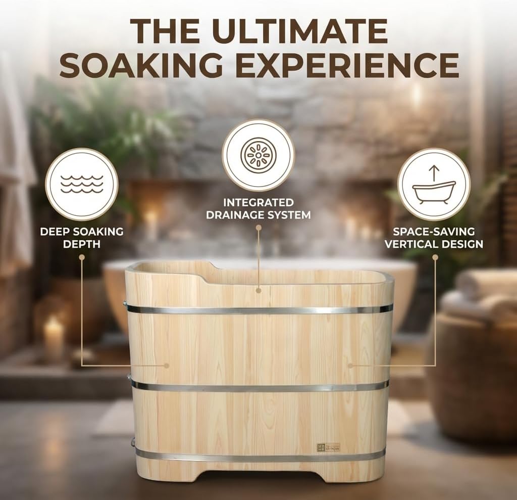 Premium Japanese Hinoki Wood Soaking Tub - 47.2" Freestanding Bathtub with Copper Drain