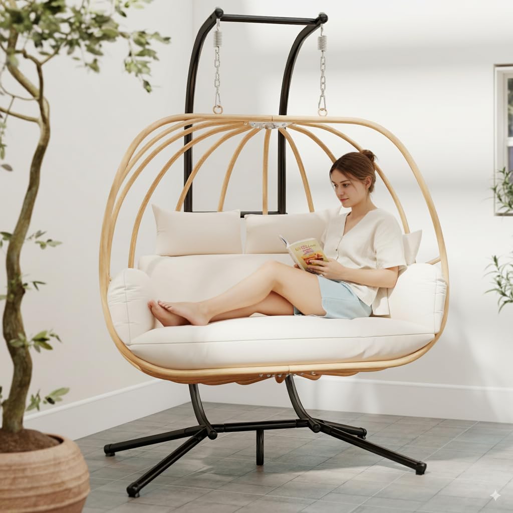 Double Egg Swing Chair with Stand, Oversized Egg Chair Outdoor Indoor, Hanging Swing Chairs with Cushions, Extra