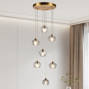 7-Light Pendant Light Fixtures, 21W Crystal Raindrop Chandelier Cluster Modern, Brass Ceiling Light Fixture Chandelier with Clear Cut Crystal for Dining Room Foyer Hallway