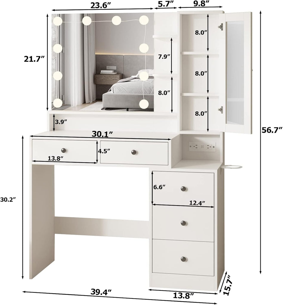 White Makeup Vanity Desk with Mirror and Lights,Vanity Table with Power Strip and Lighted Mirror,Large Makeup Table