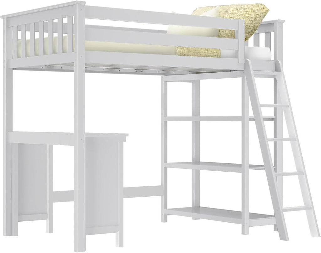 High Loft Bed, Twin Bed Frame for Kids With Bookcase and Desk, White