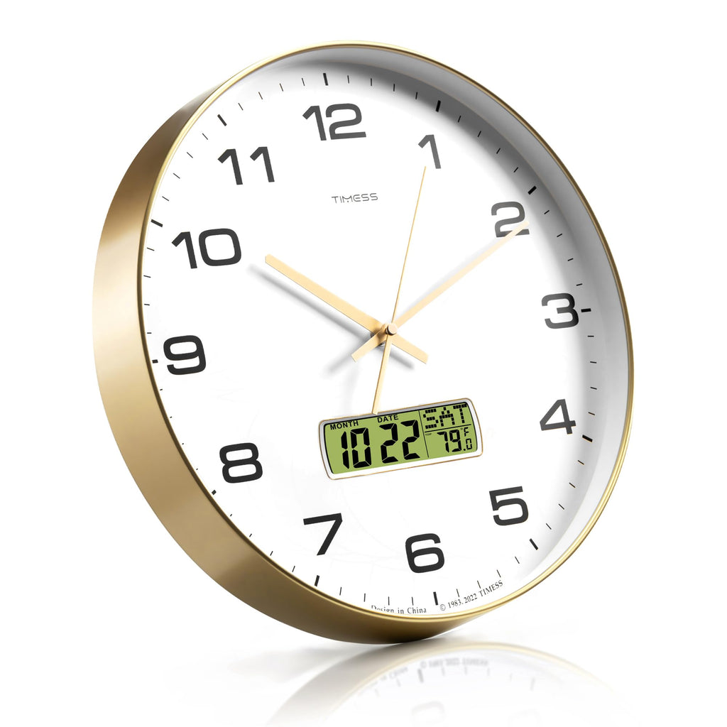 Wall Clock, 14" Large Dial Non-Ticking Silent Battery Operated Analog with LCD Display for Perpetual Calendar and F°