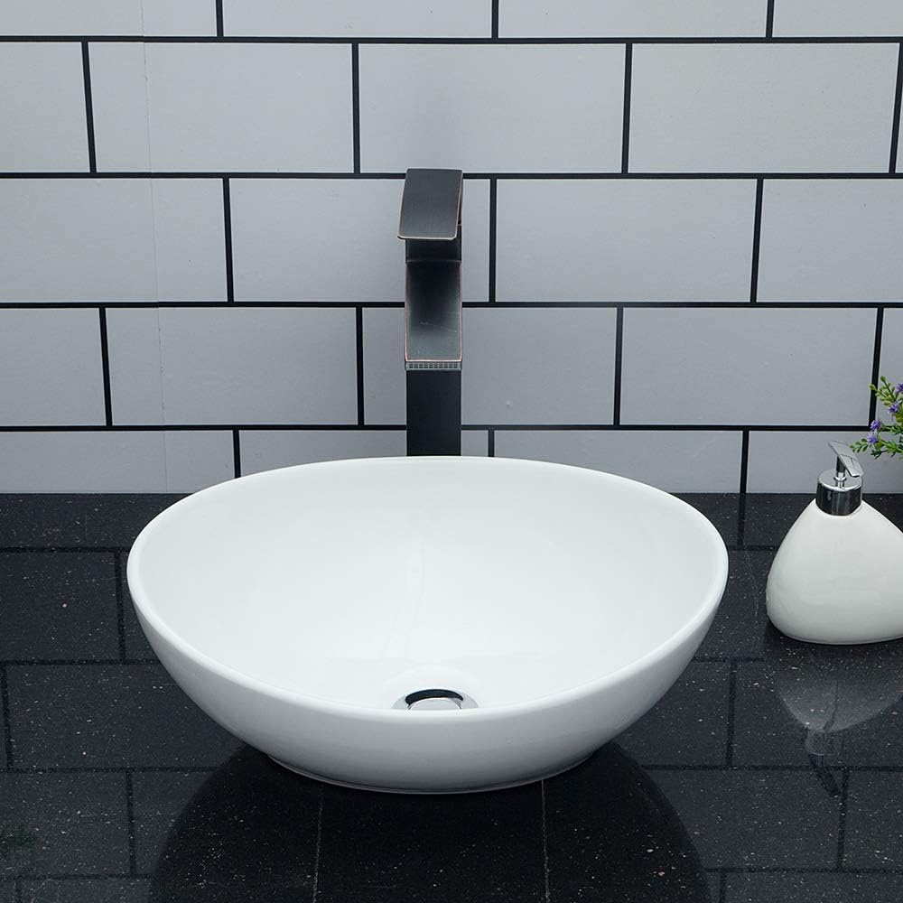 Kichae Oval Vessel Sink 16"x13" Modern Bathroom Vessel Sink Above Counter Egg Oval Shape White Porcelain Ceramic