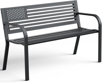 Outdoor Bench, Sturdy Metal Garden Bench with Classic Stars and Stripes Design Metal Backrest, 2-Person Patio Bench