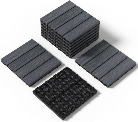 Waterproof Composite Interlocking Deck Tiles 12"X12", All-Weather Wood-Look Snap-Together Flooring for Patio, Balcony