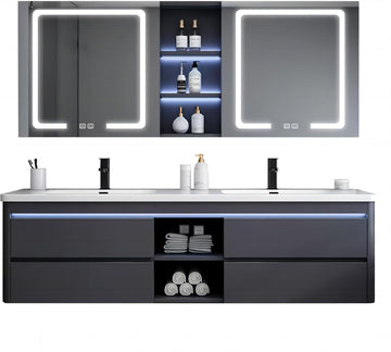 55IN Double Sink Vanity, 4 Drawers, Two LED Smart Touch Mirror Cabinets, Open Center Compartment, Body Sensor Lights