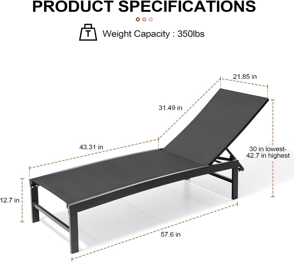 Chaise Lounge Chair Outdoor Set of 2, Adjustable 5 Positions Pool Lounge Chairs, Metal Tanning Recliner, Outdoor
