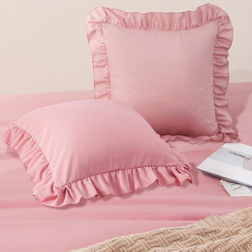2 Pack Pink Ruffle Euro Shams 26" x 26" Ruffle Square Pillow Covers Ultra Soft Microfiber Ruffled Fringe Pillow Shams