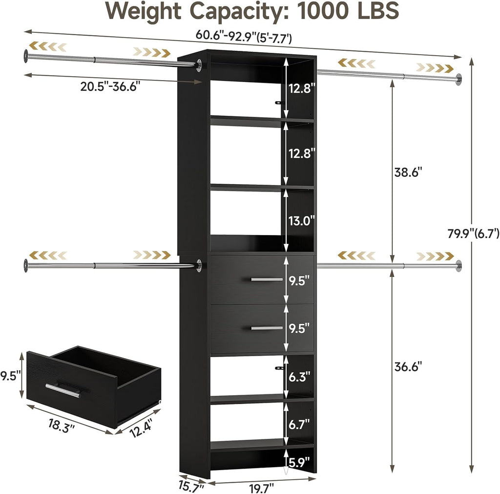 W2 Closet System with 2 Drawers, 3.5FT-7.7FT Closet Organizer System with 4 Chrome-Plated Telescopic Rods & 5