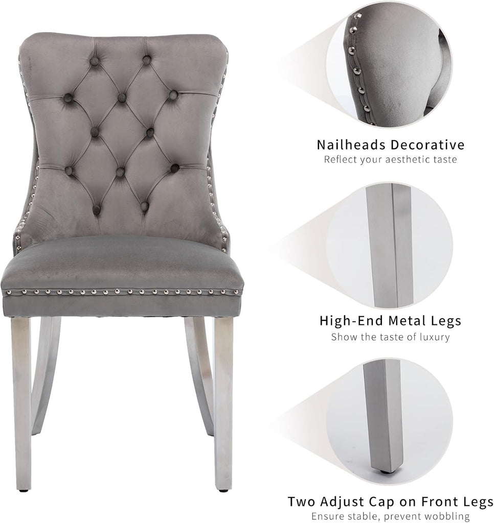 Gray Velvet Dining Chairs Set of 4, Tufted Kitchen & Dining Room Chairs | Four Fabric Dinning Chairs, Velvet