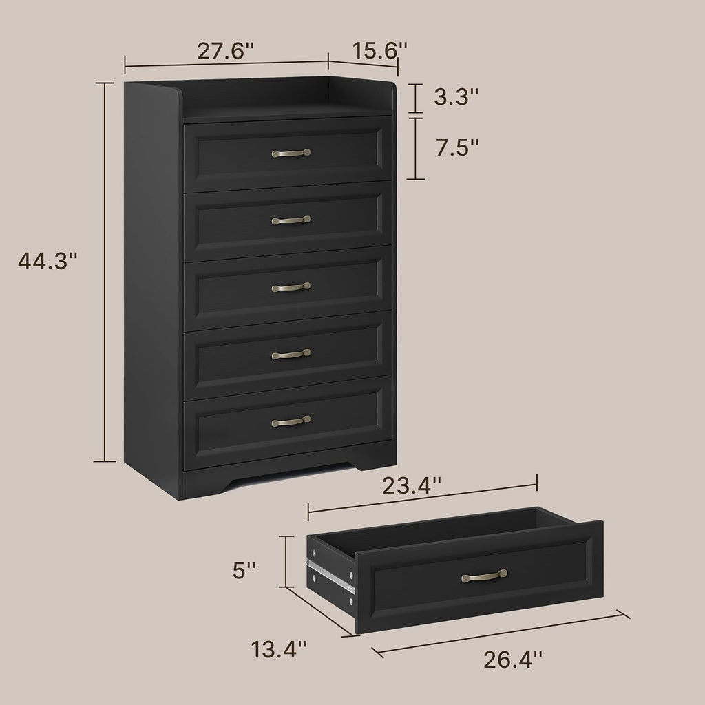 5 Drawer Dresser, 44.3" H Chest of Drawers, Black Dresser , Modern Wood Storage Cabinet with with Large Capacity