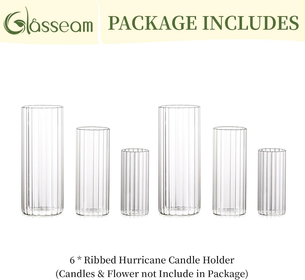 Ribbed Glass Candle Holder, Cylinder Candle Holders for Pillar Candles, Clear Hurricane Candle Holder Set of 6