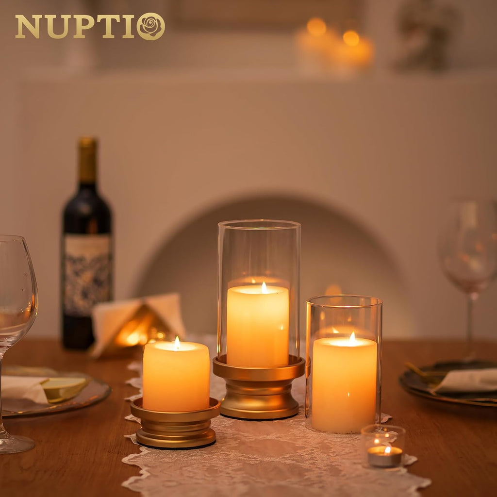 Hurricane Candle Holder Gold: Pillar Candle Holders with Clear Glass Sleeve - Set of 2 Decorative Brass Metal Pillars