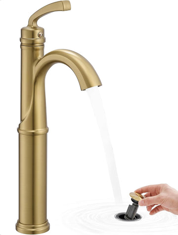 Gold Vessel Sink Faucet, Brass Tall Bathroom Sink Faucet One Hole with 1 Handle, Pop Up Drain